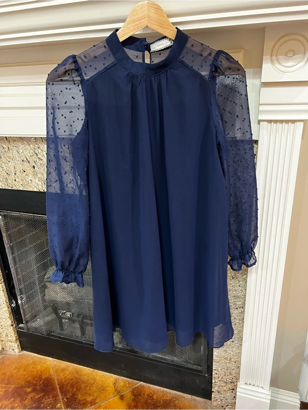 Girls Navy Swiss Dot Sleeve Chiffon Dress